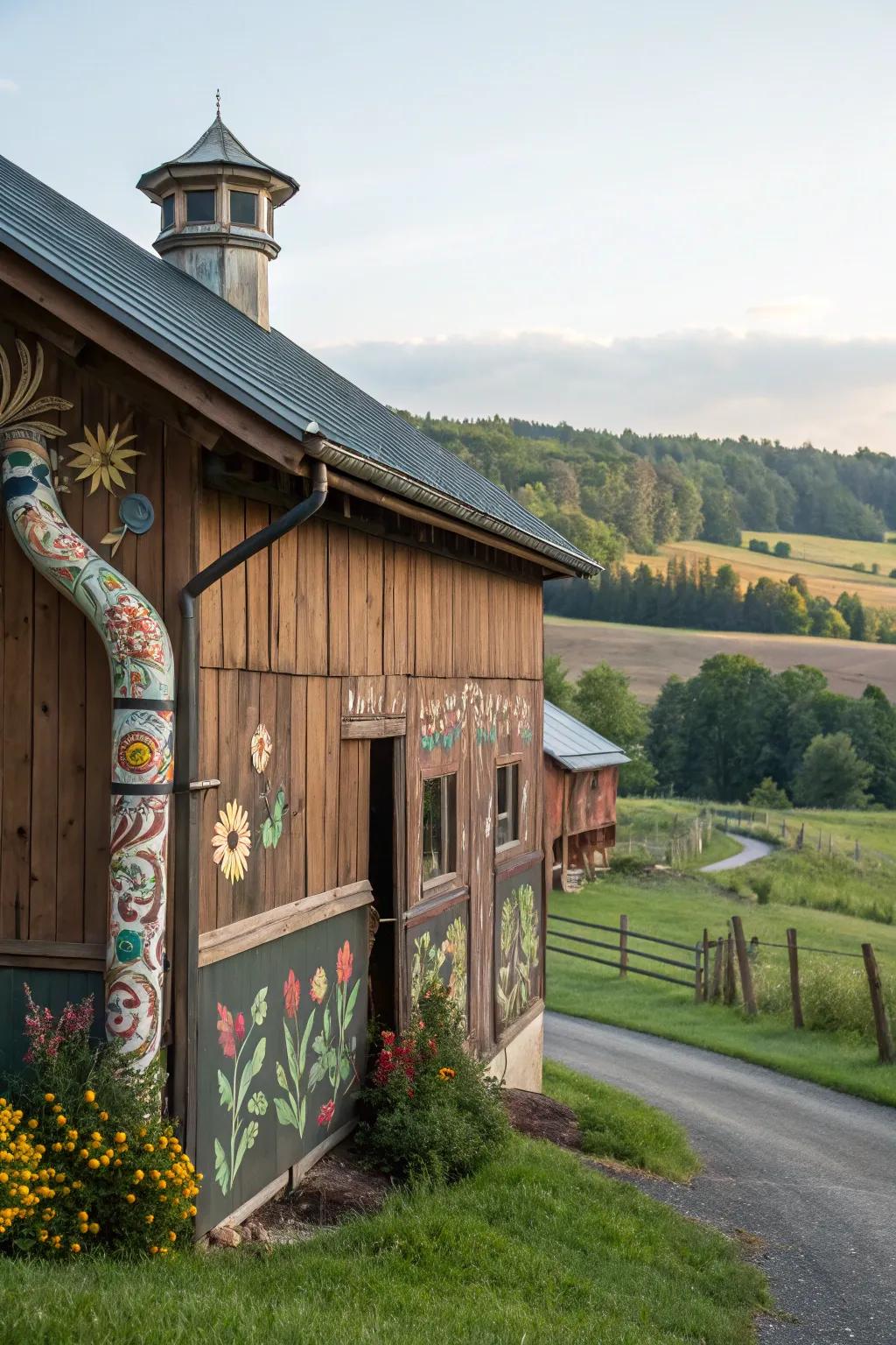 Decorative downspouts add a whimsical touch to this barn.