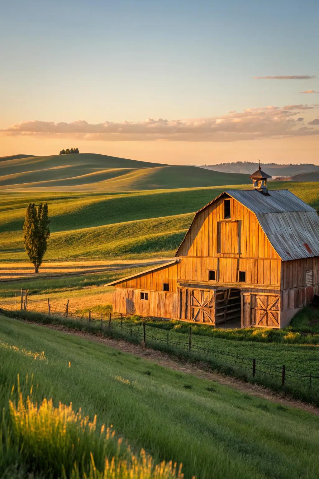 A barn painted in sunset hues, standing majestically against rolling fields.