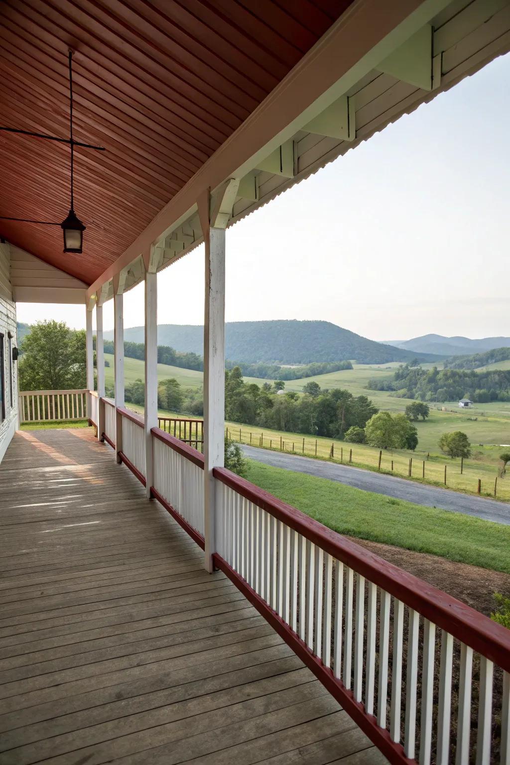 A barn porch offering expansive views of surrounding landscapes, enhancing the setting's tranquility.