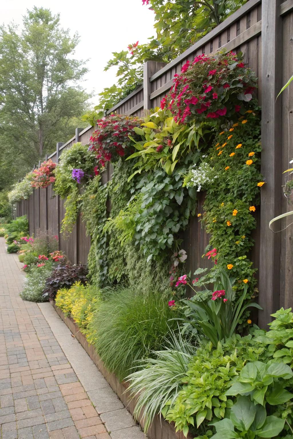 Vertical gardens turn fences into living walls.