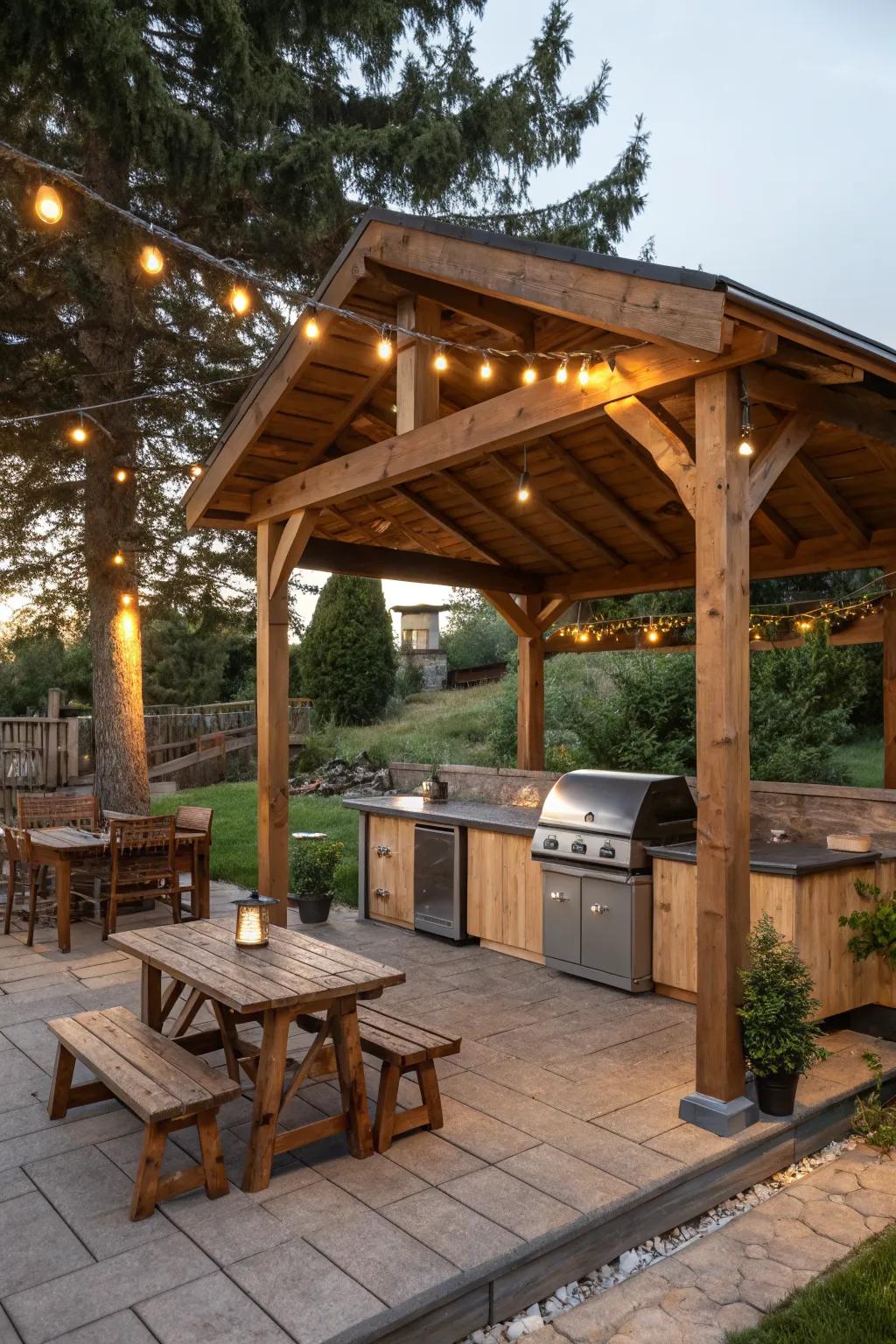 Infuse warmth with a rustic timber shelter.