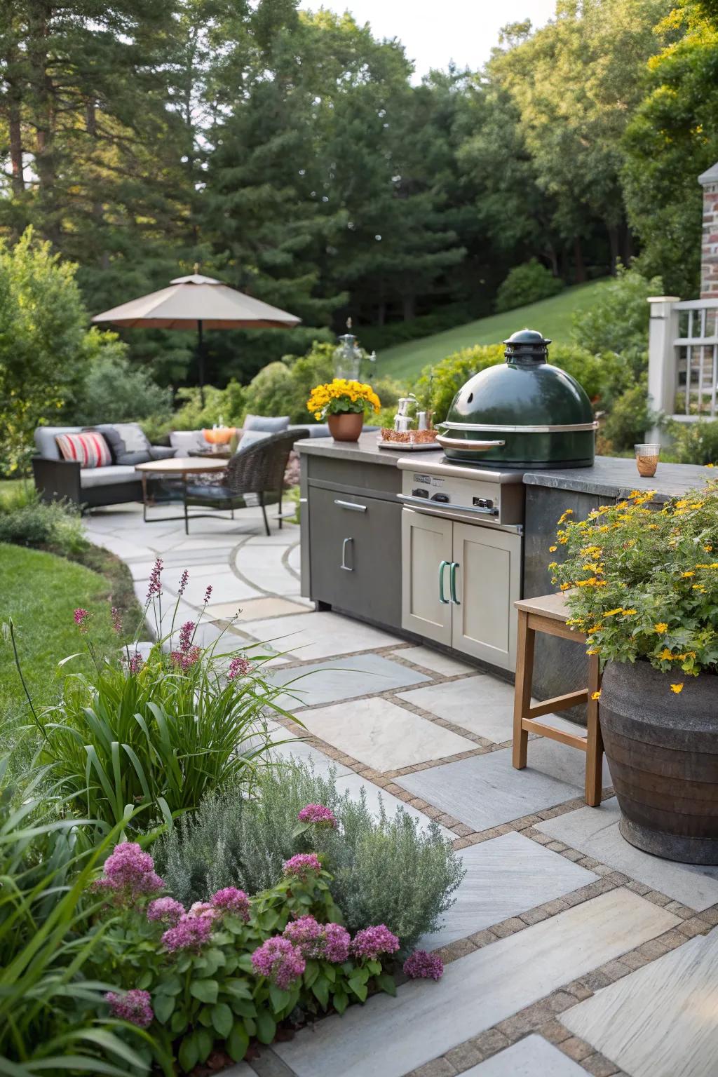 Kamado grill ready for versatile garden cooking.