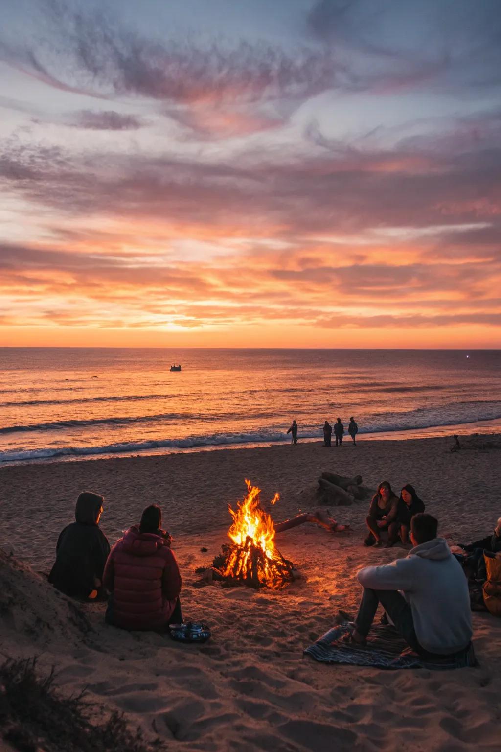 A breathtaking coastal view enhances the bonfire experience.
