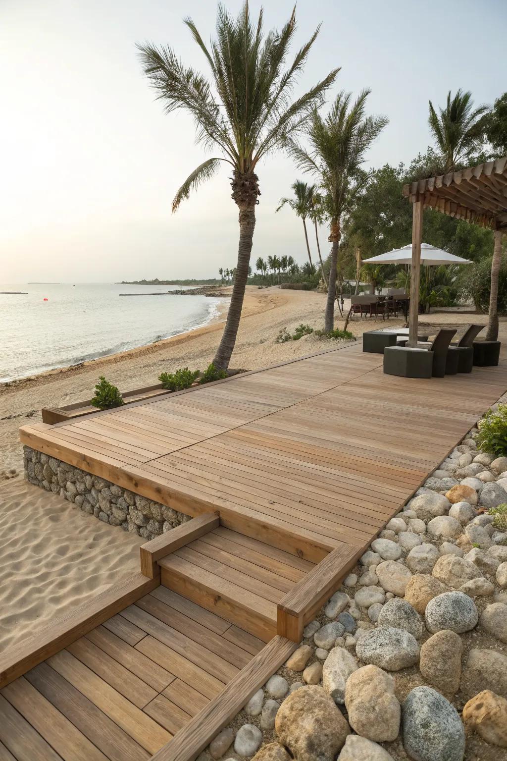 Blend your deck seamlessly with nature using wood and stone.