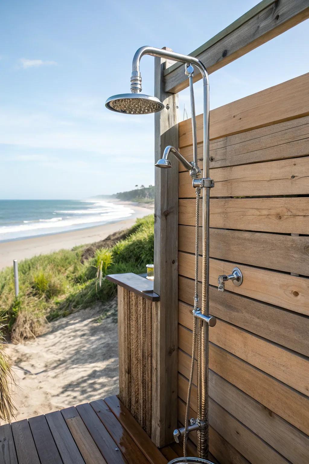 Durable fixtures keep this outdoor shower looking great year-round.