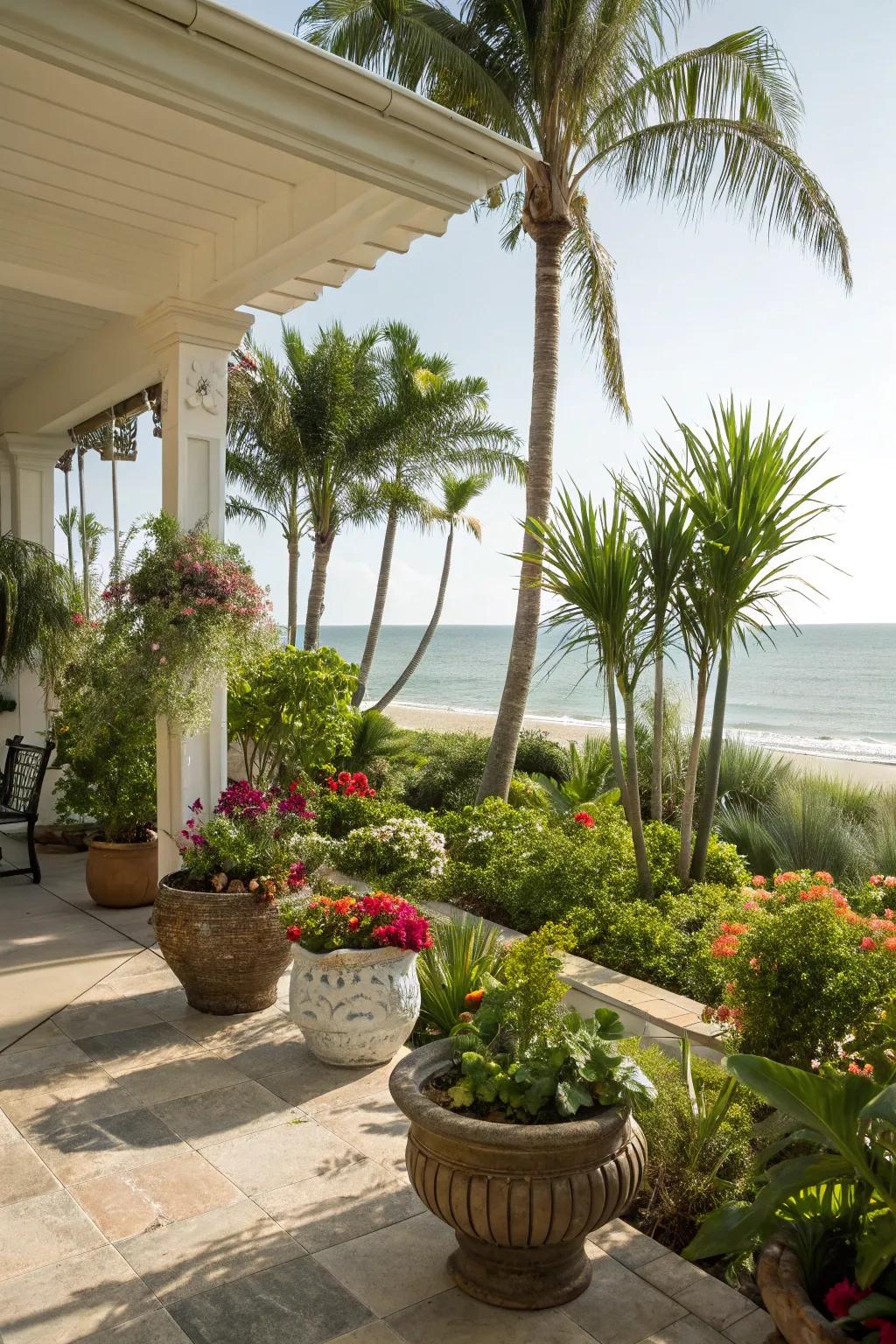 A lush green oasis created with potted plants on a beach house patio.