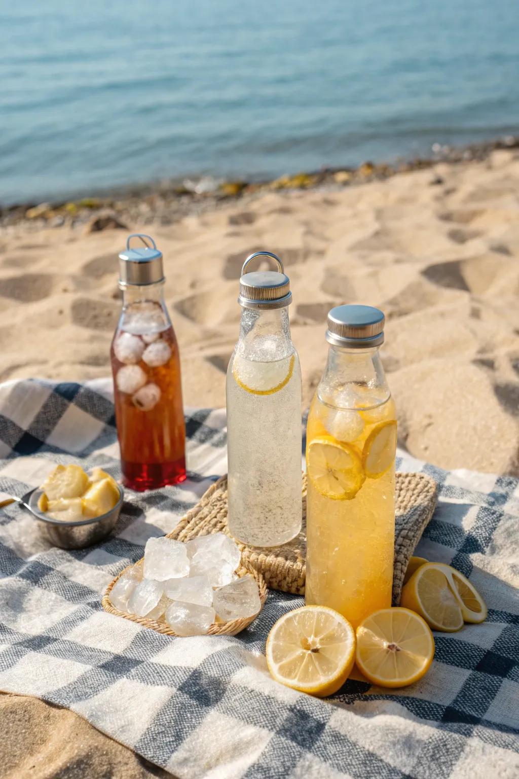 Refreshing drinks add a splash of flavor to beach picnics.