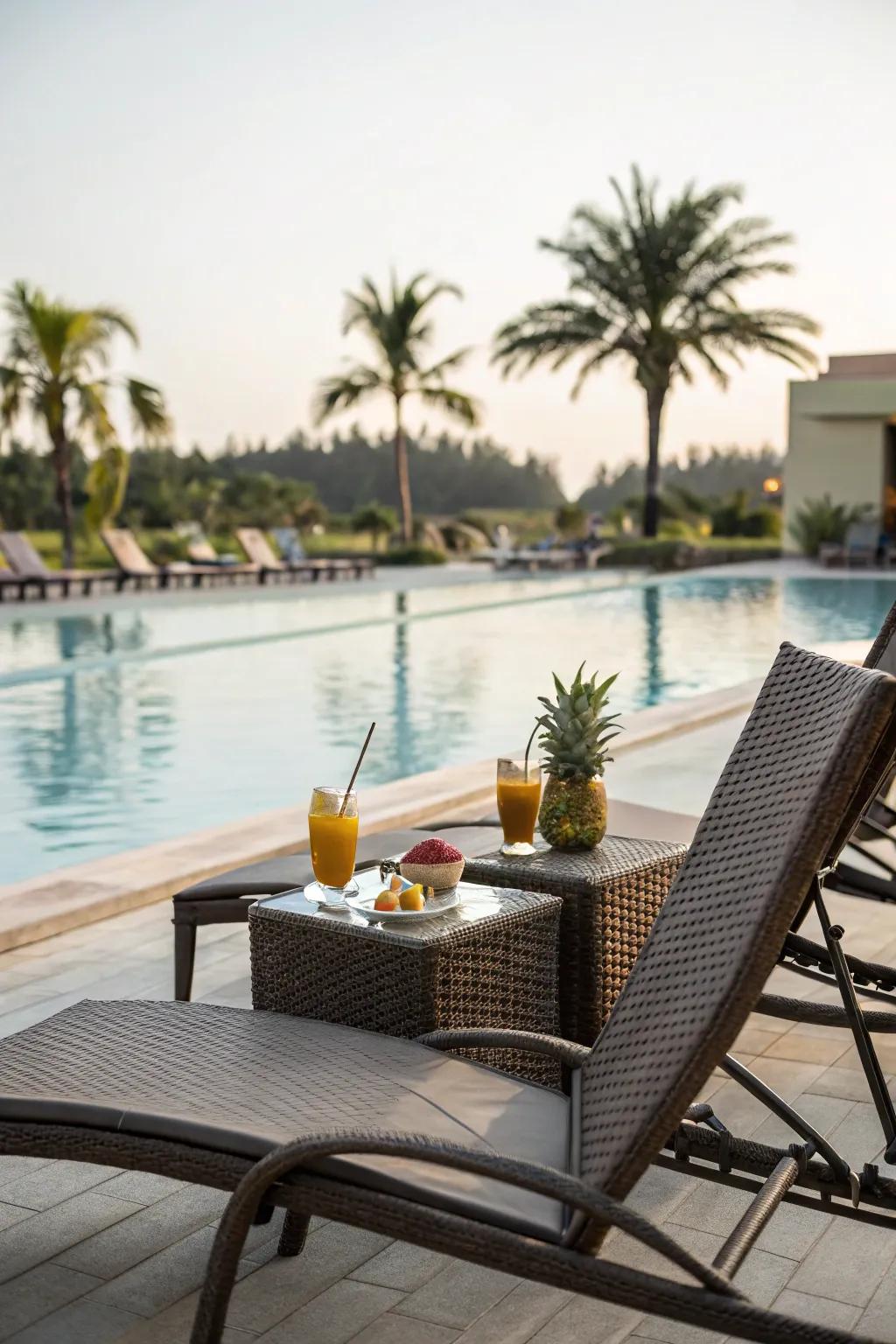 Relaxing lounge seating by the beach-style pool