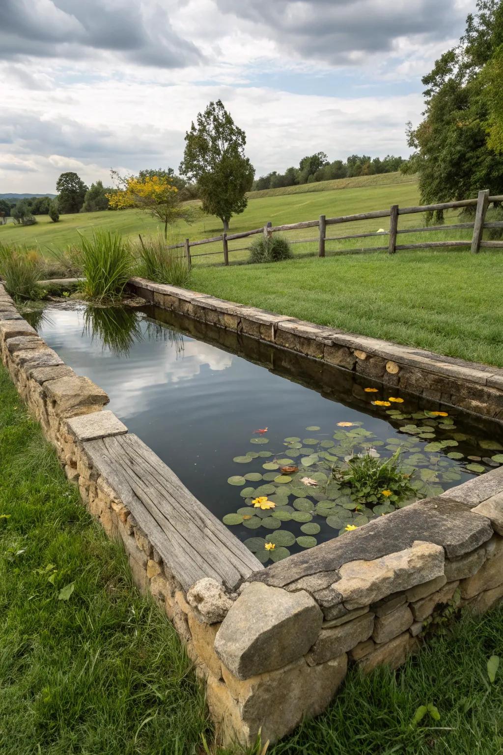 Rustic materials like stones and wood give the pond a timeless appeal.
