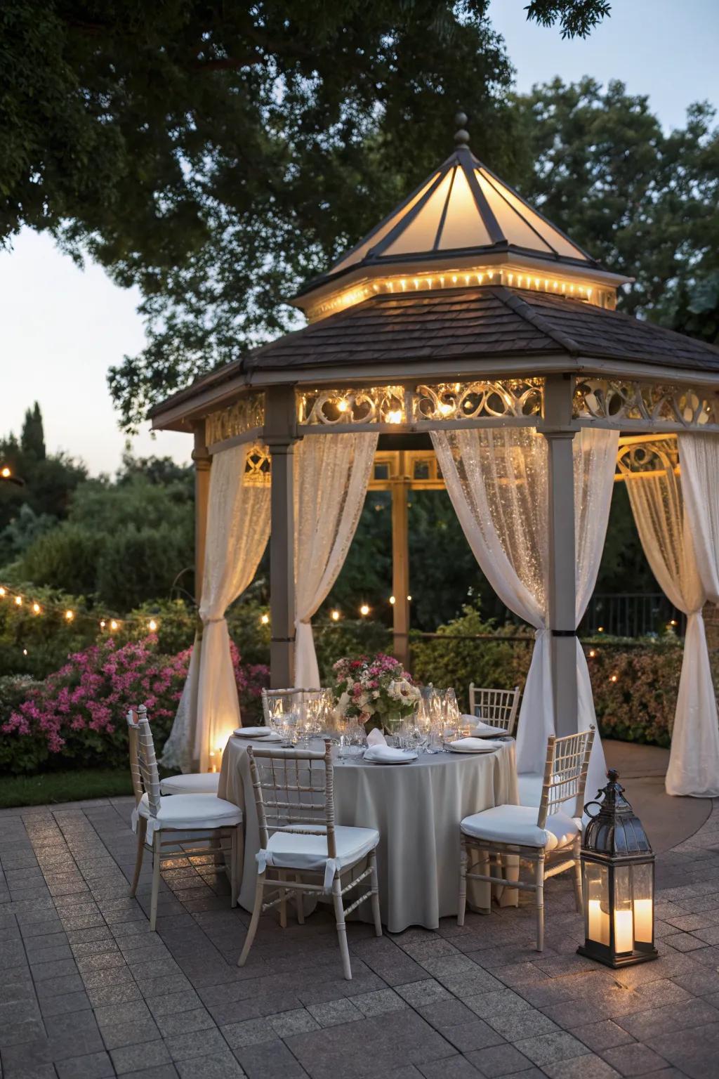 An enchanting dining setup within a gazebo.
