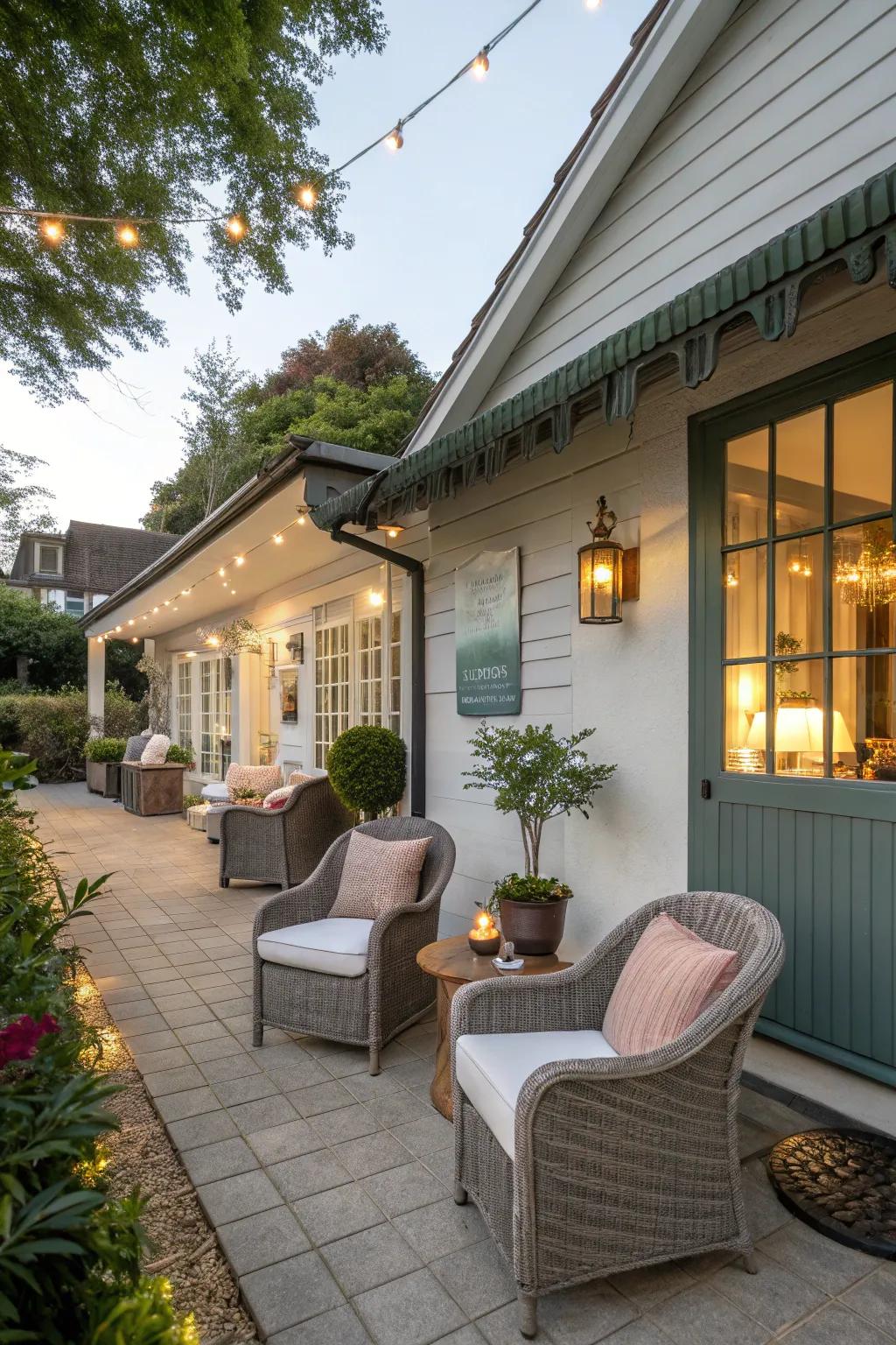 A beauty salon featuring a cozy outdoor seating area.