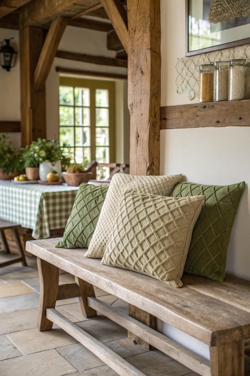 Textured pillows add rustic charm to this bench.