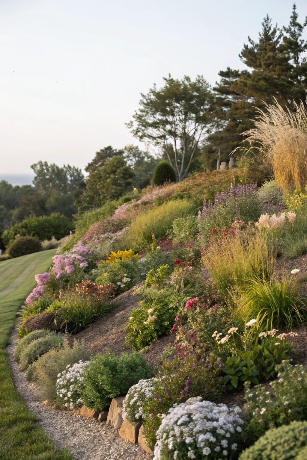 A garden berm designed with natural shapes and diverse planting.