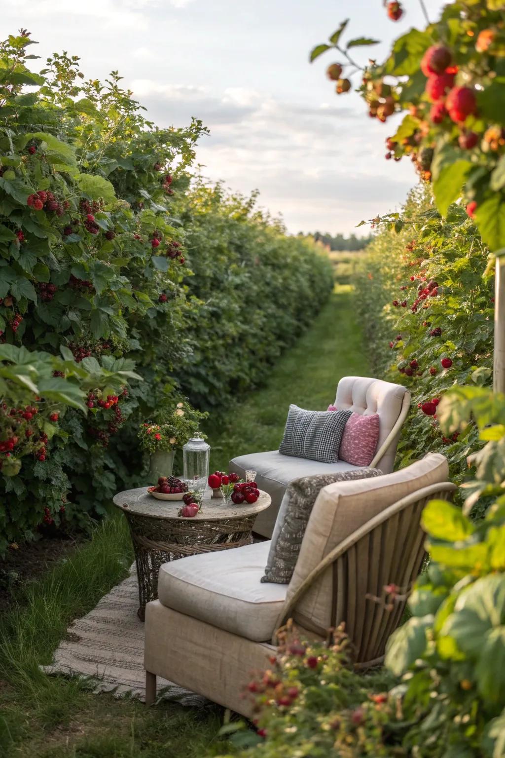 A serene seating area nestled among lush berry plants, perfect for relaxation.