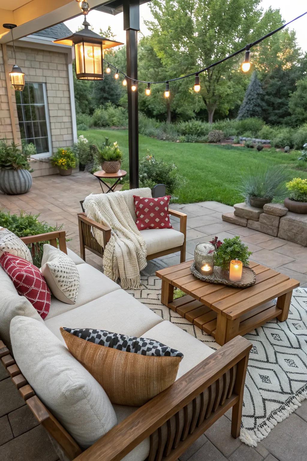 An outdoor living room offers comfort and style under the sun.