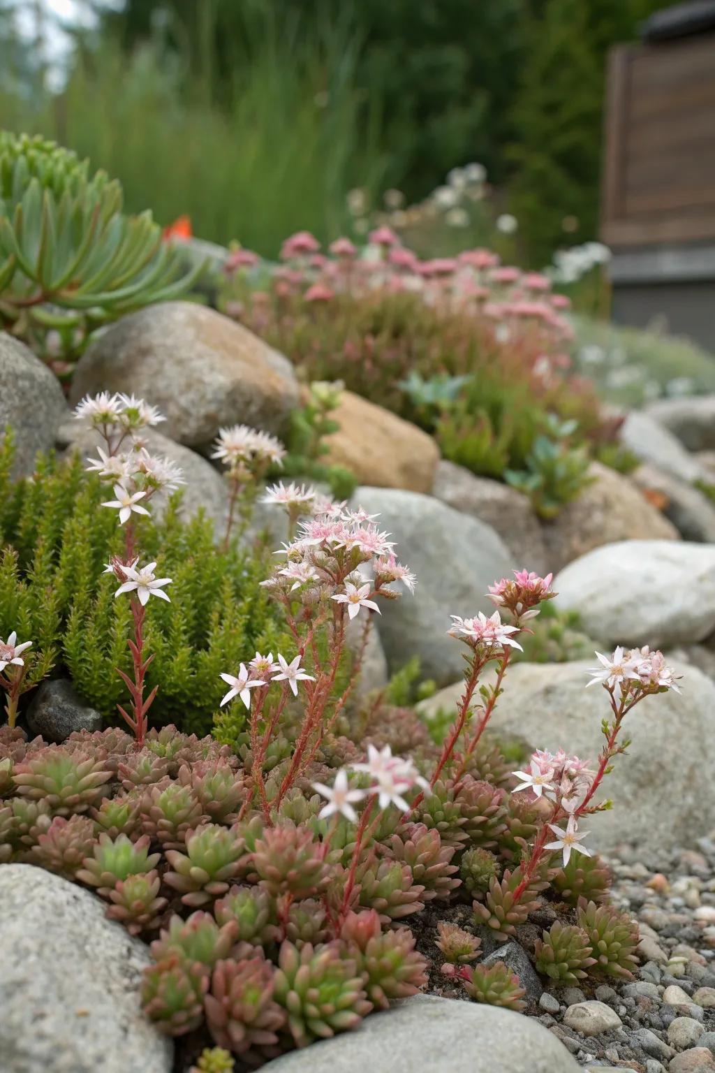 Sedums adding texture and color to an Iowa rock garden.