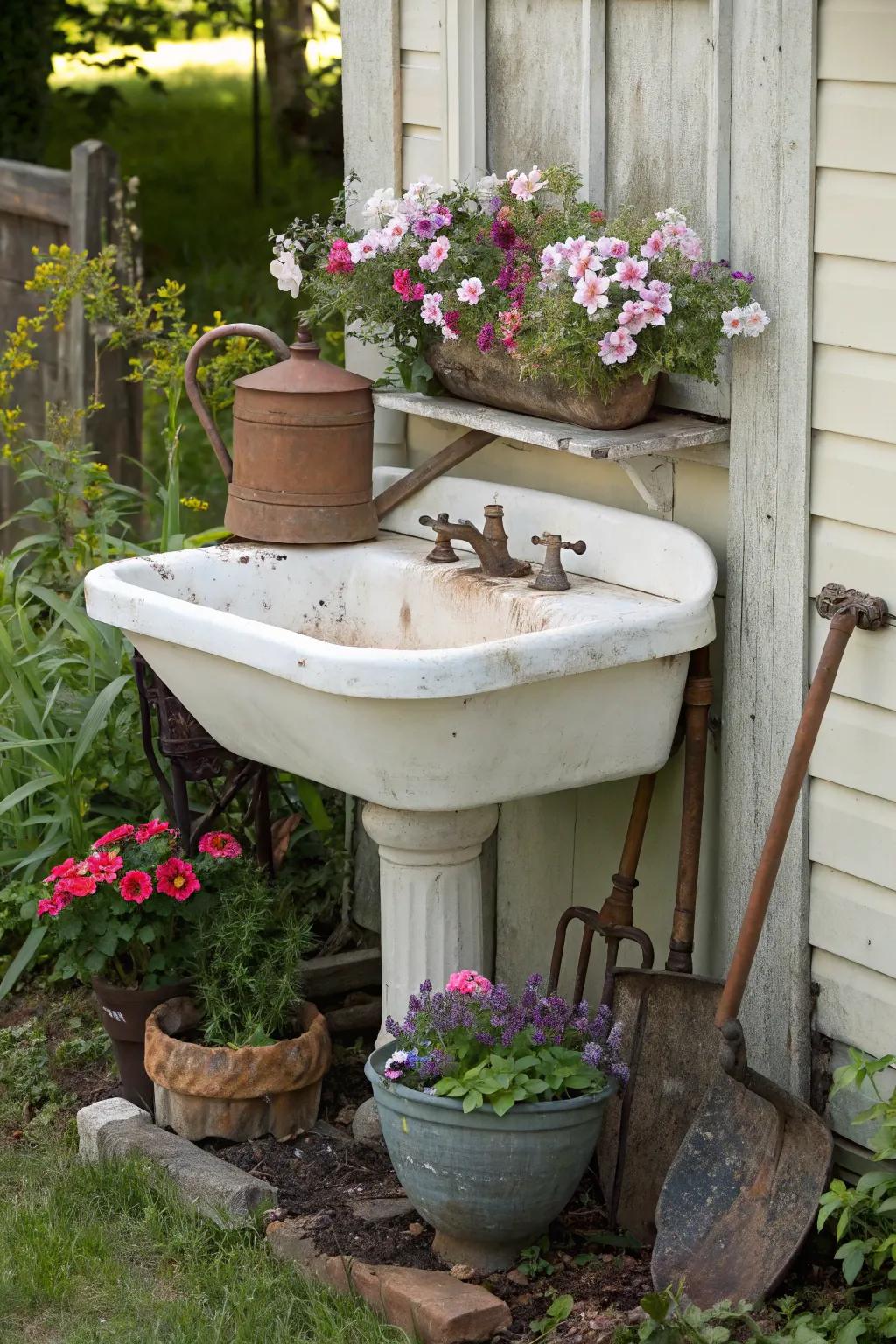 A vintage porcelain sink adds nostalgic charm to any outdoor area.