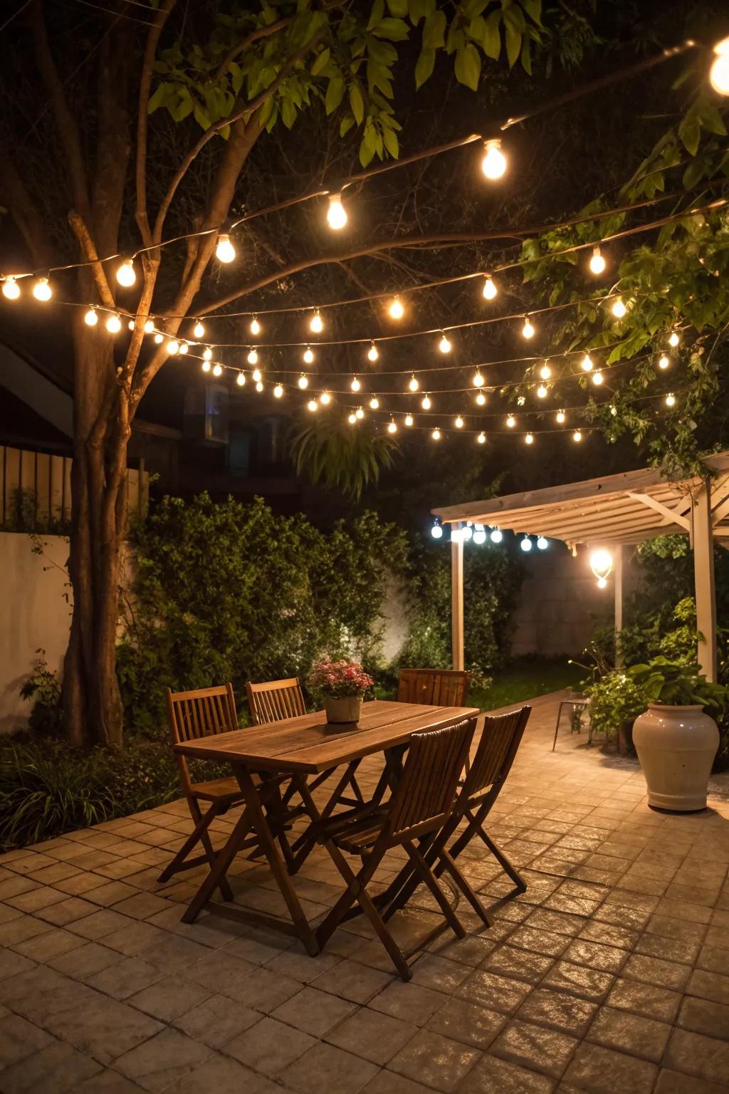 Magical ambiance with creative lighting on the patio