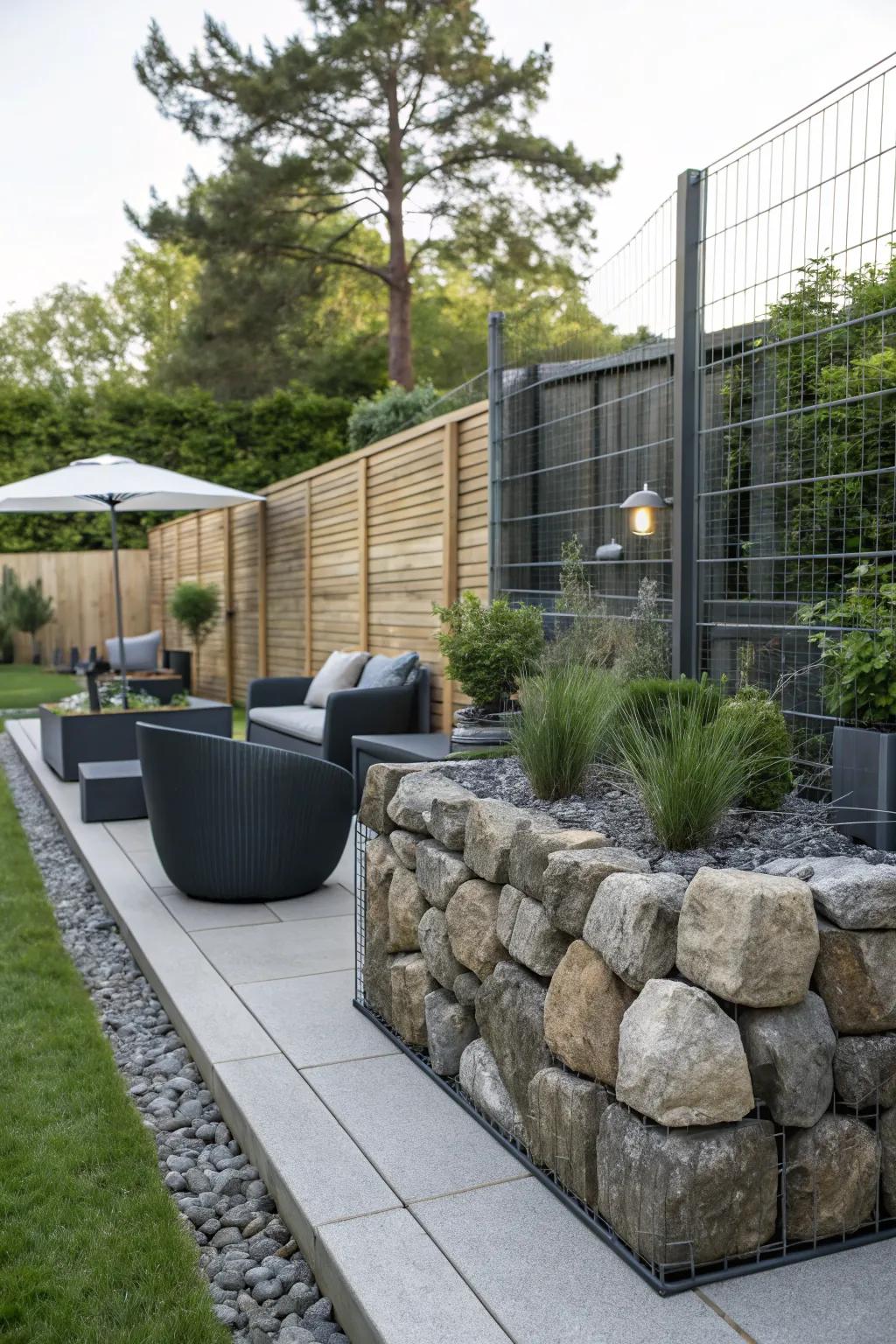 Gabion walls offer a contemporary, industrial vibe to outdoor spaces.