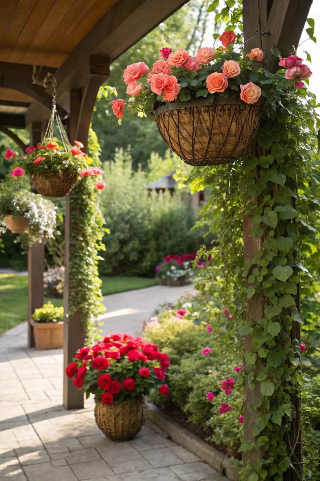 Hanging roses adding a whimsical touch to the garden.