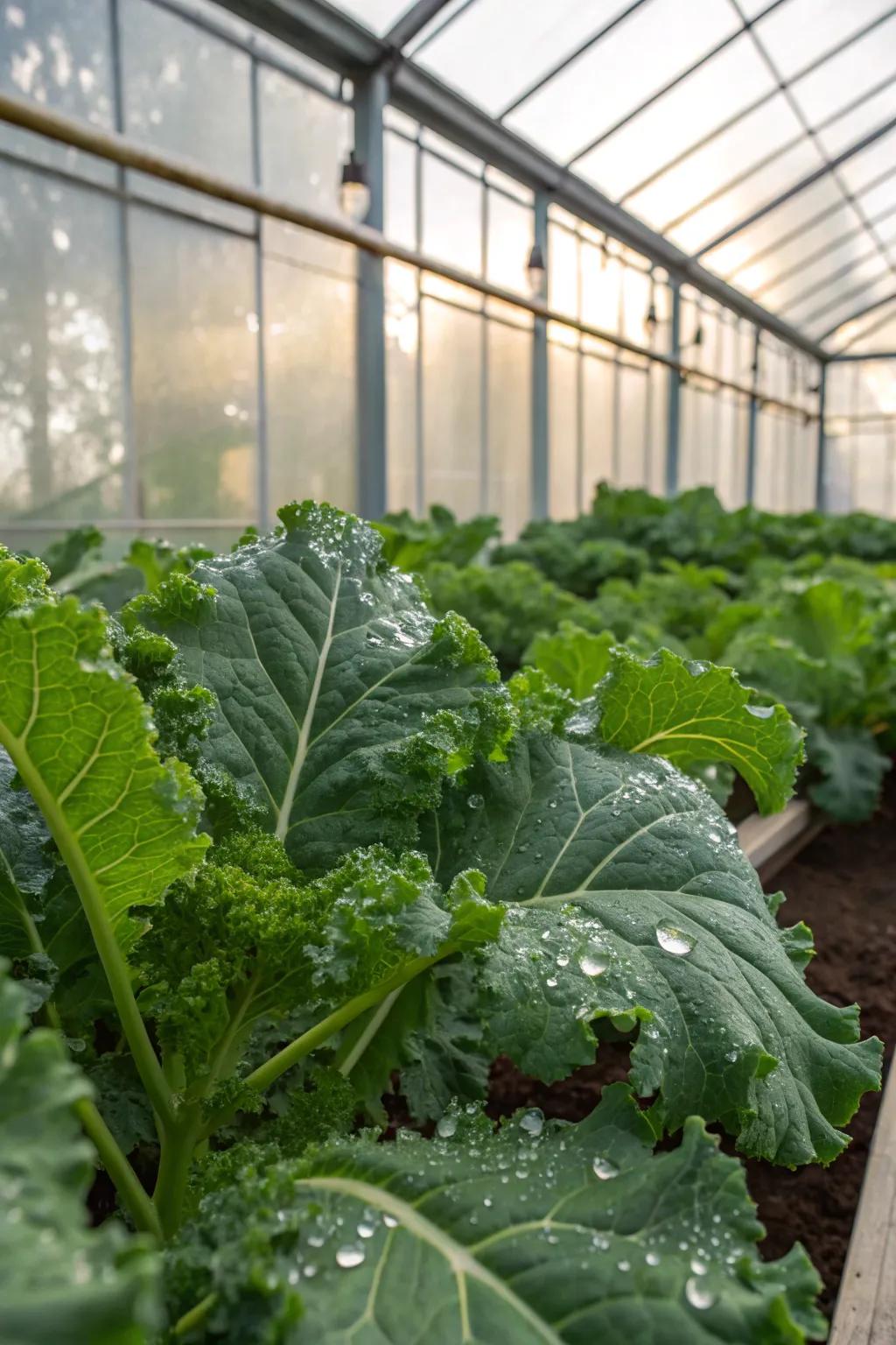 Vibrant kale leaves, packed with nutrients, growing steadily in a greenhouse.