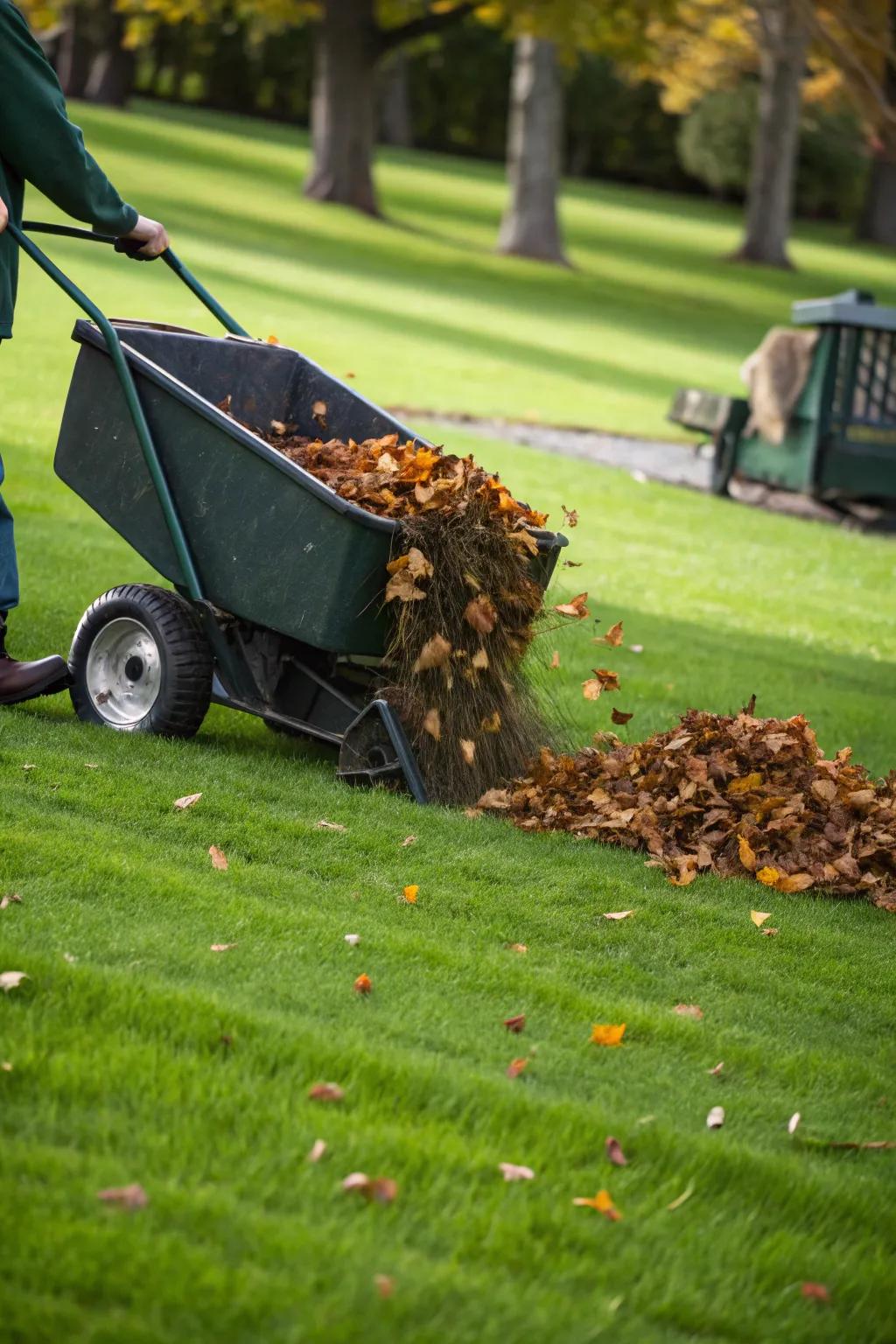 Quietly sweep leaves while enjoying a peaceful garden walk.