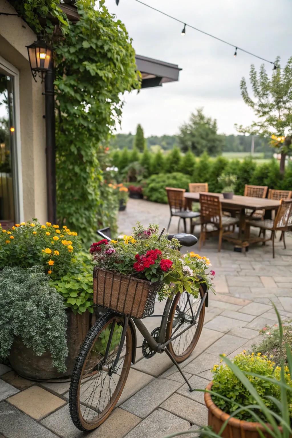 Enrich your outdoor space with a bicycle planter centerpiece.