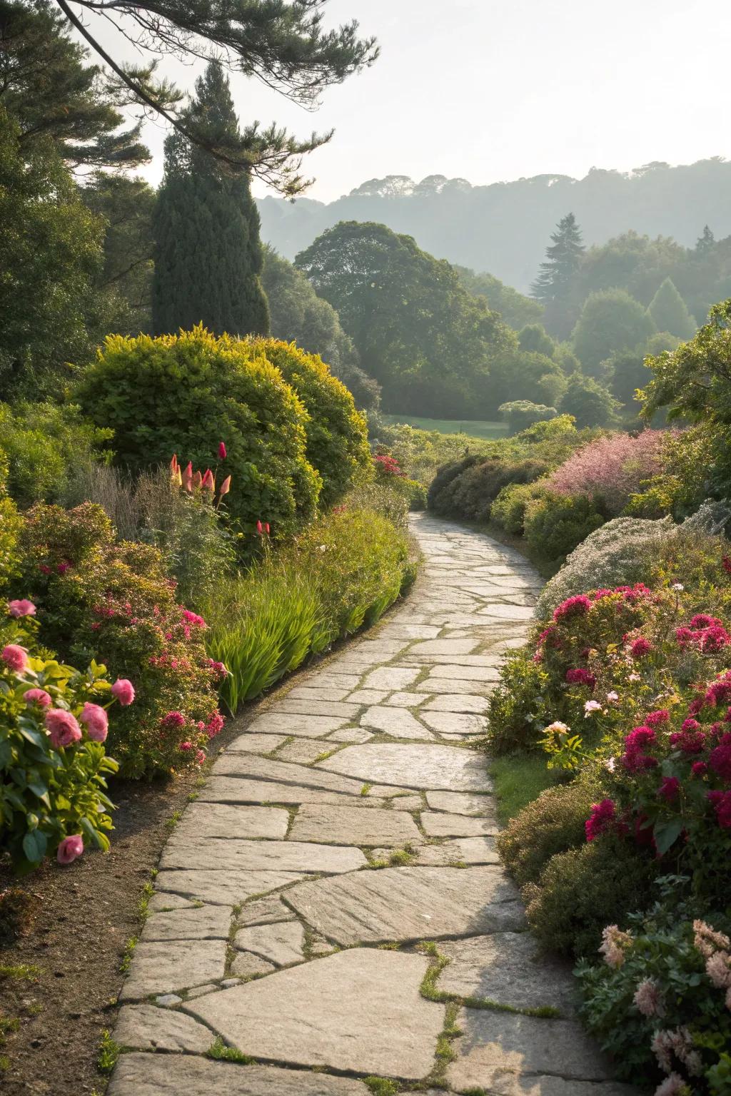 A stone pathway meandering through lush greenery in a large garden.