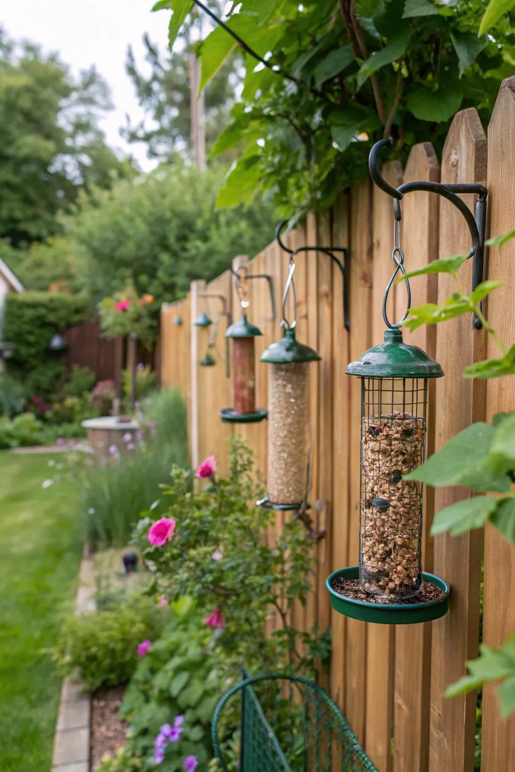 Fence-mounted hooks optimize space for bird feeding.
