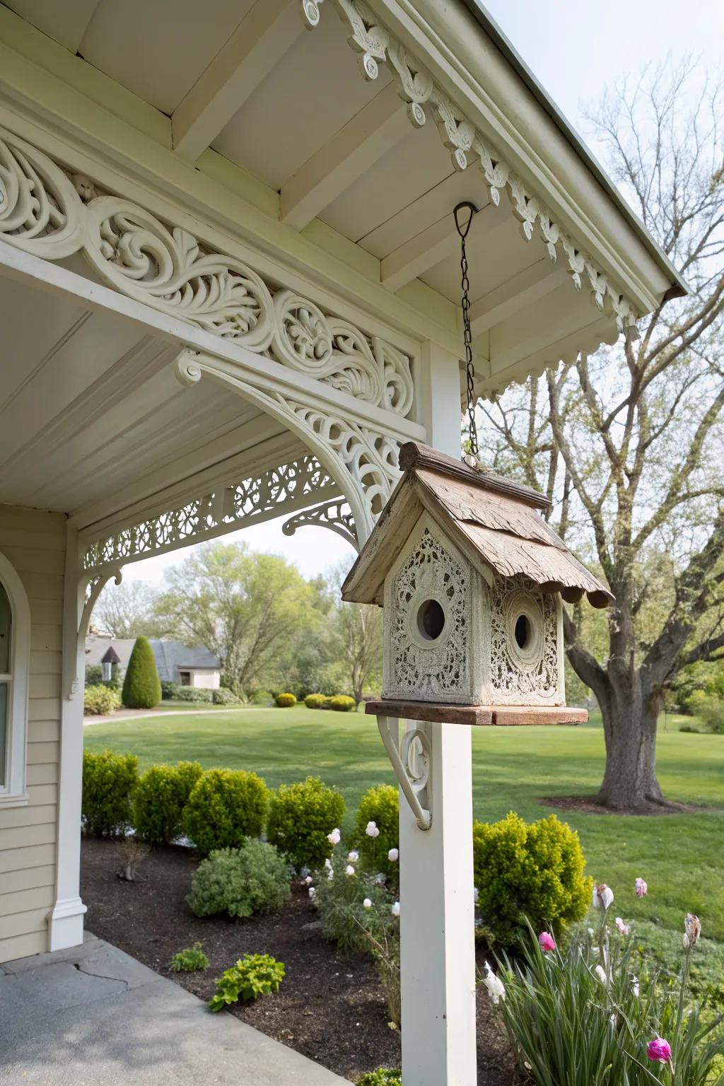 An overhang-mounted birdhouse combines practicality with elegance.