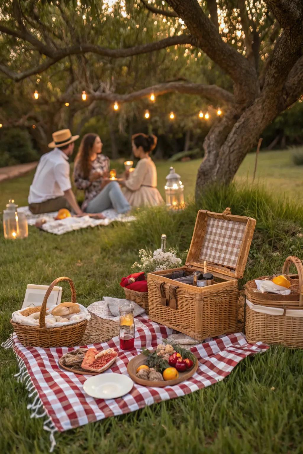 A vintage-themed picnic featuring gingham tablecloths and classic baskets.