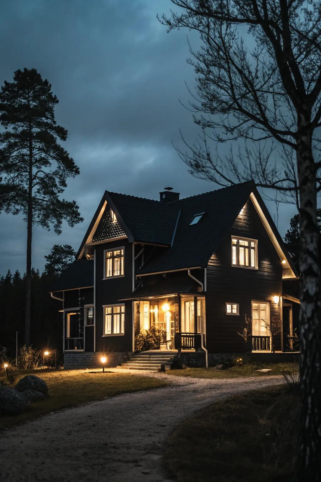 Evening elegance with strategic lighting on a black exterior.