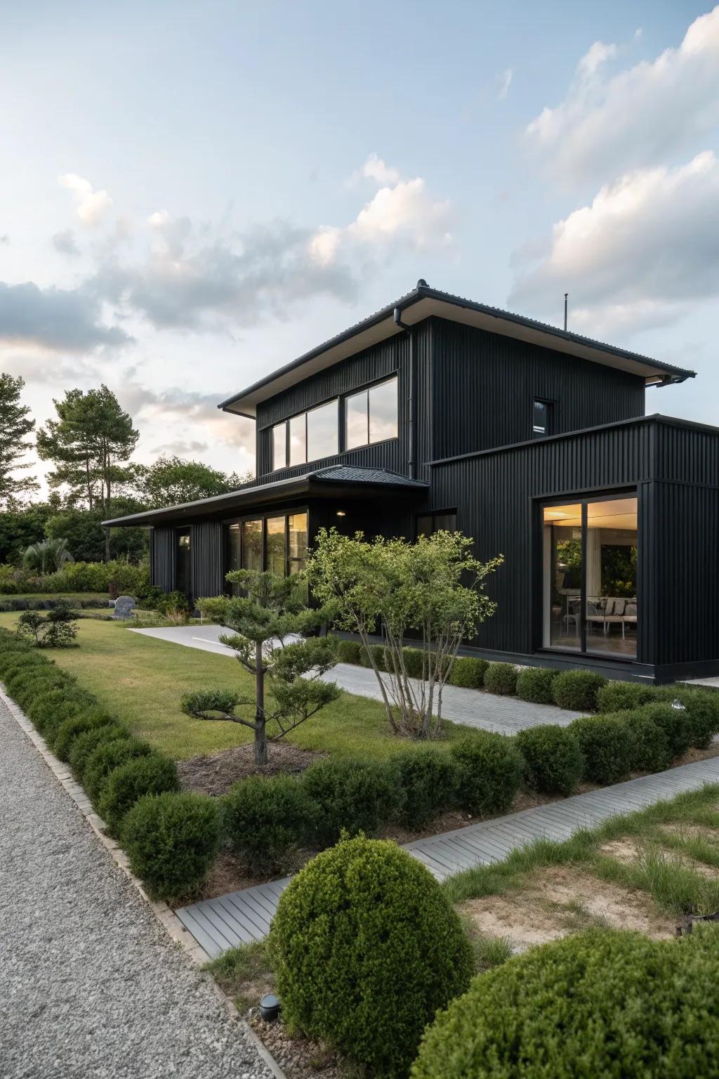 Minimalist landscaping complements the sleek design of a black house.