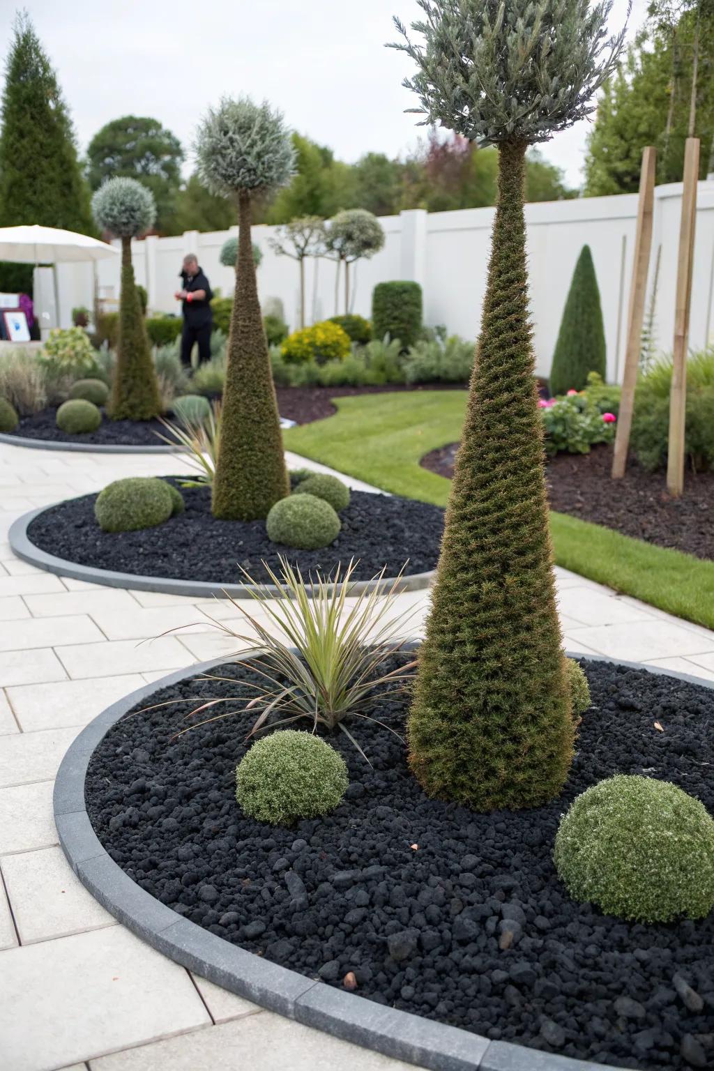 Sculptural plants highlighted by the depth of black mulch.