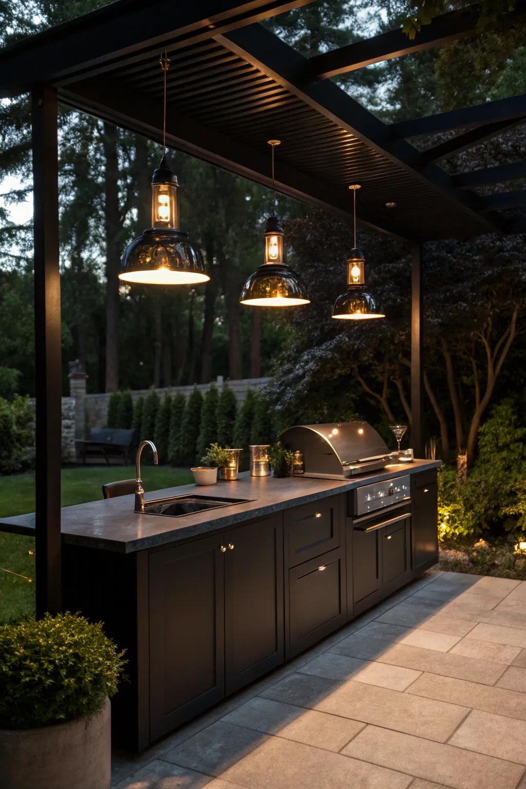 Elegant pendant lighting adds charm to an outdoor kitchen.