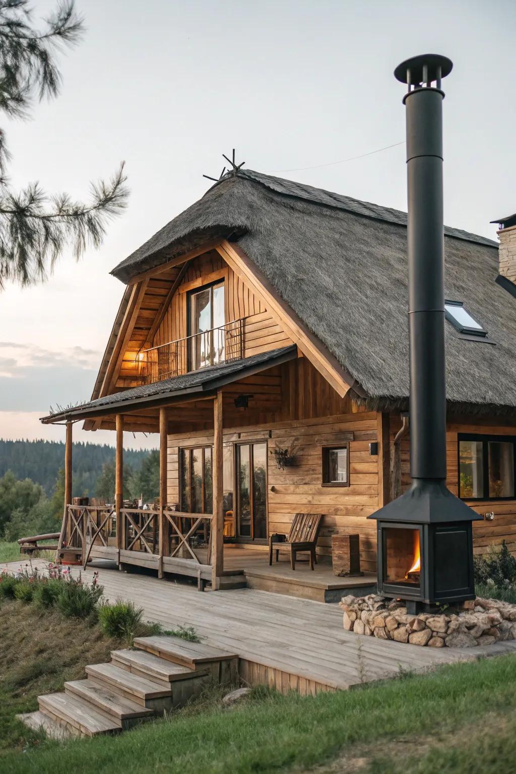 Wood elements complement the modern look of a black chimney.
