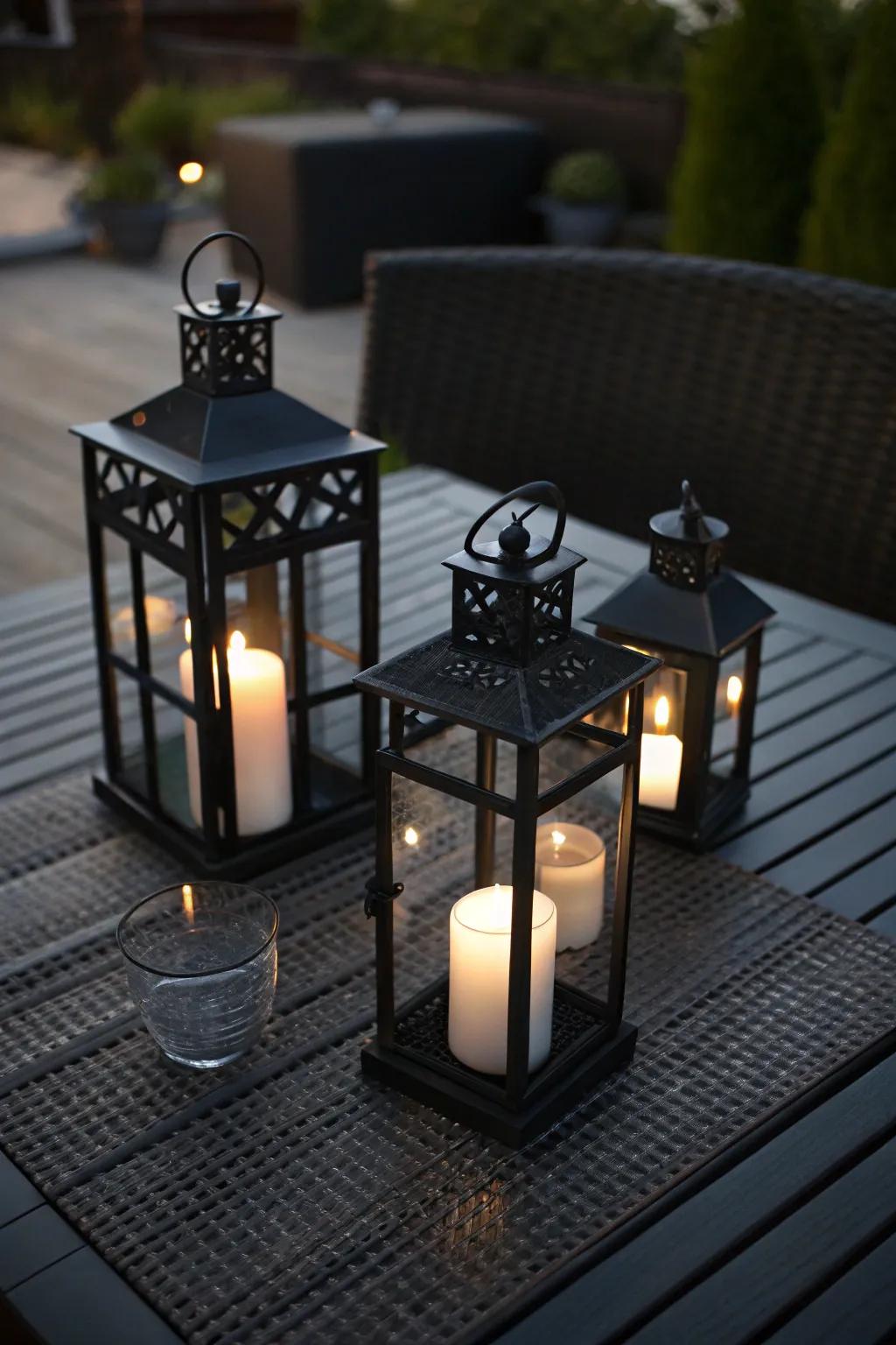 Lanterns and candles enhance the ambiance of a black patio setup.