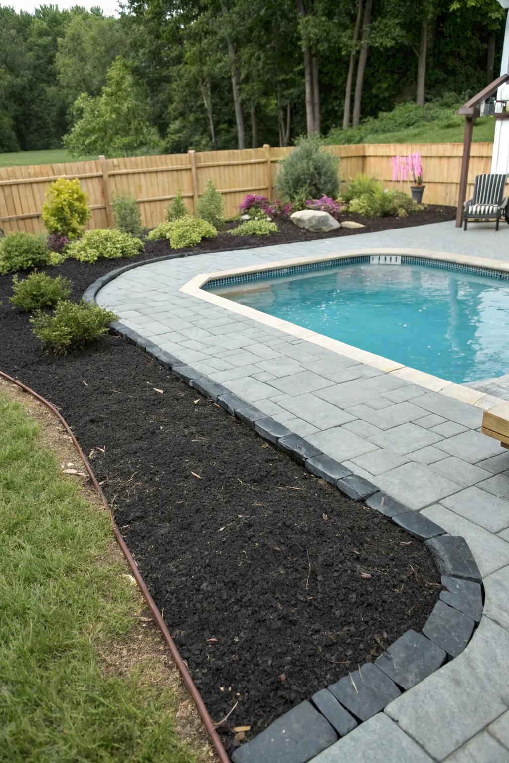 A chic patio area enhanced by the safety of black rubber mulch.