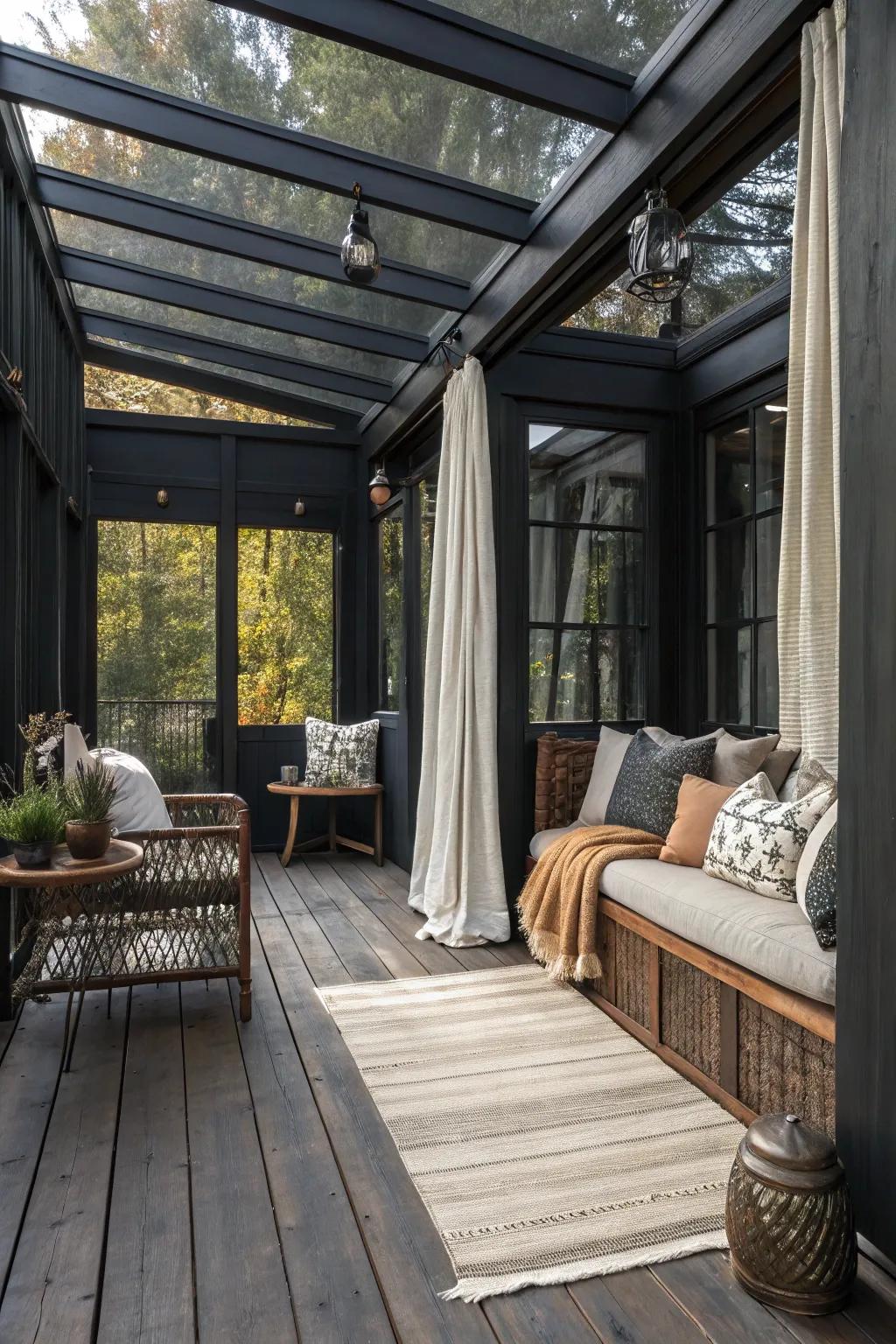 A blend of textures creates depth and interest in a chic black sunroom.