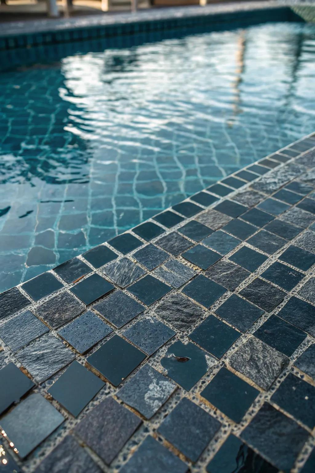 Dark mosaic tiles add depth and detail to this pool's design.
