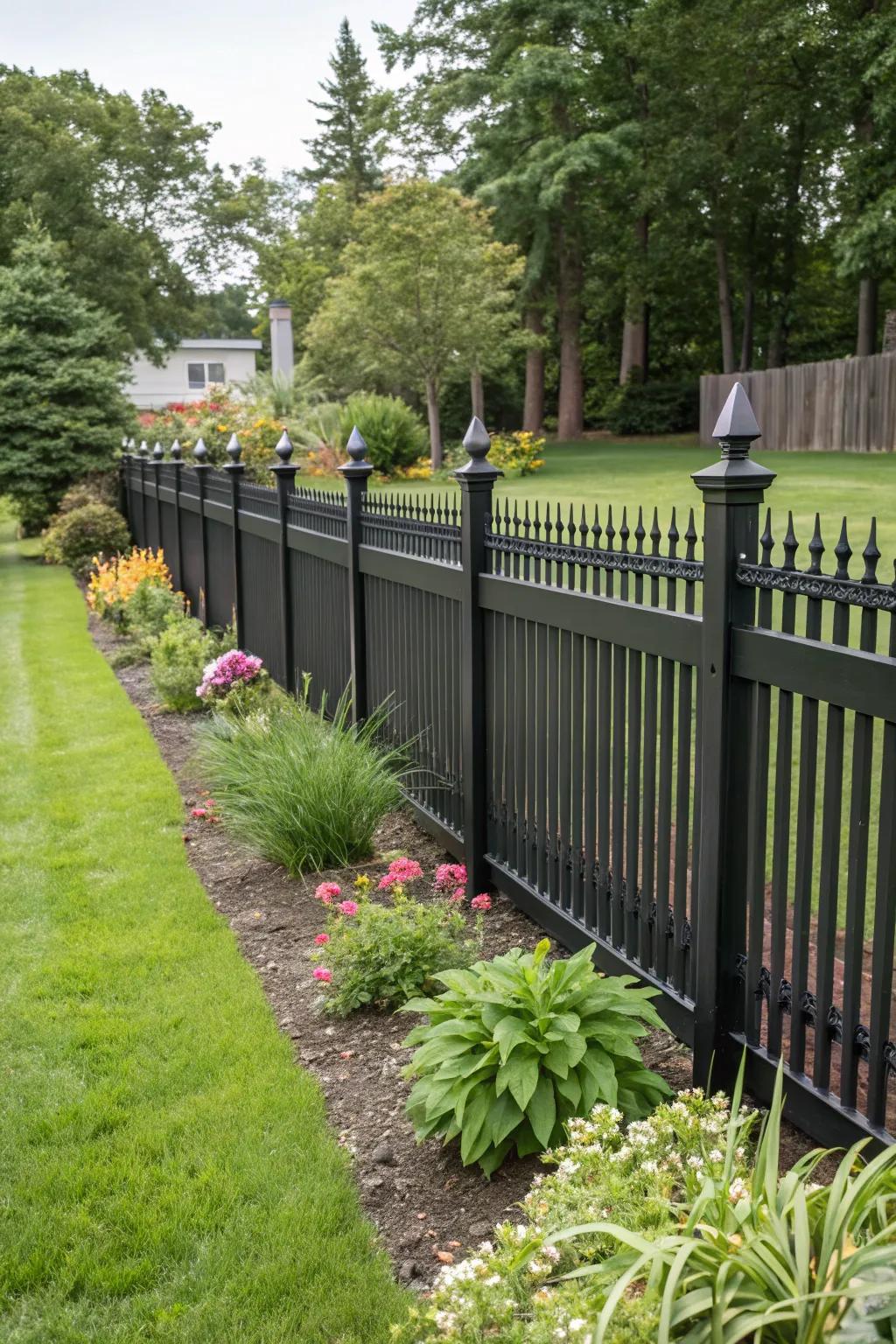 Decorative picket tops add a sophisticated touch to the fence.