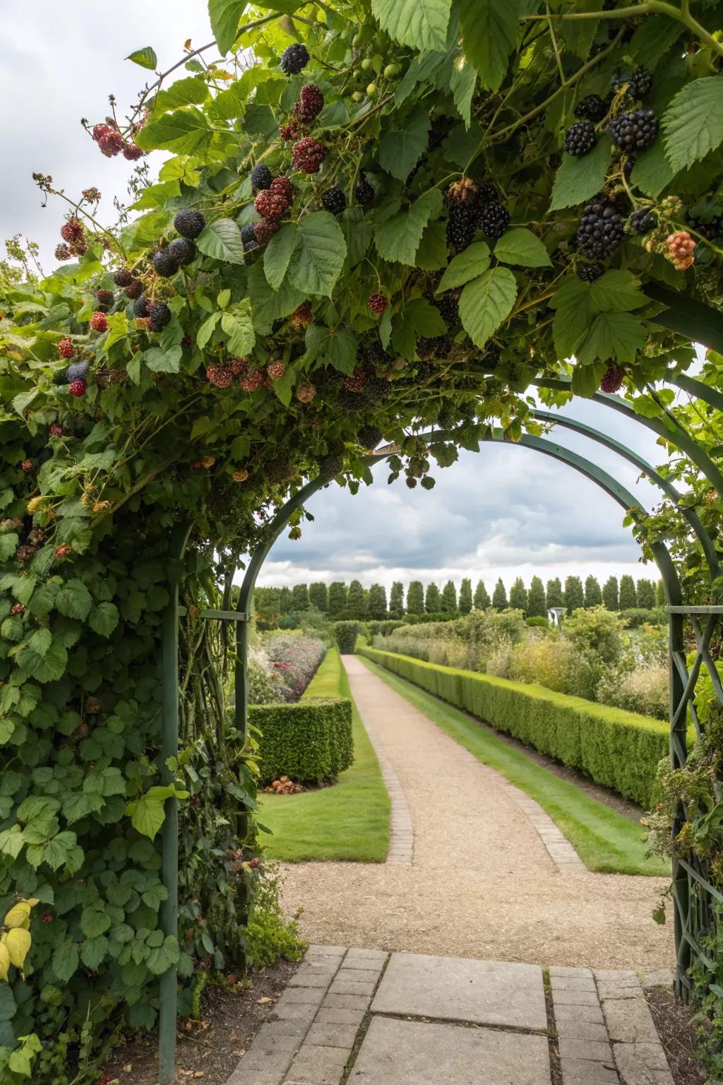 An inviting archway trellis adorned with blackberry vines.