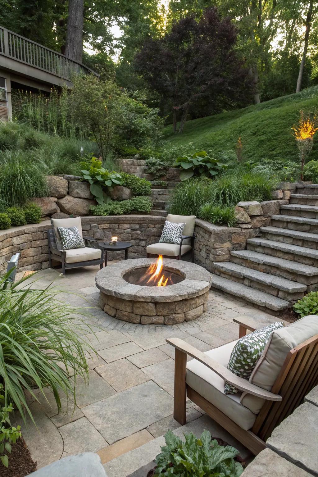 Intimate sunken fire pit surrounded by natural beauty.
