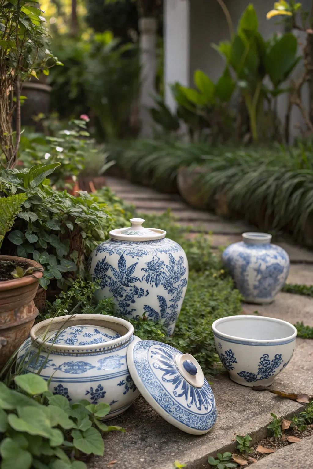 Artistic blue and white pottery in the garden