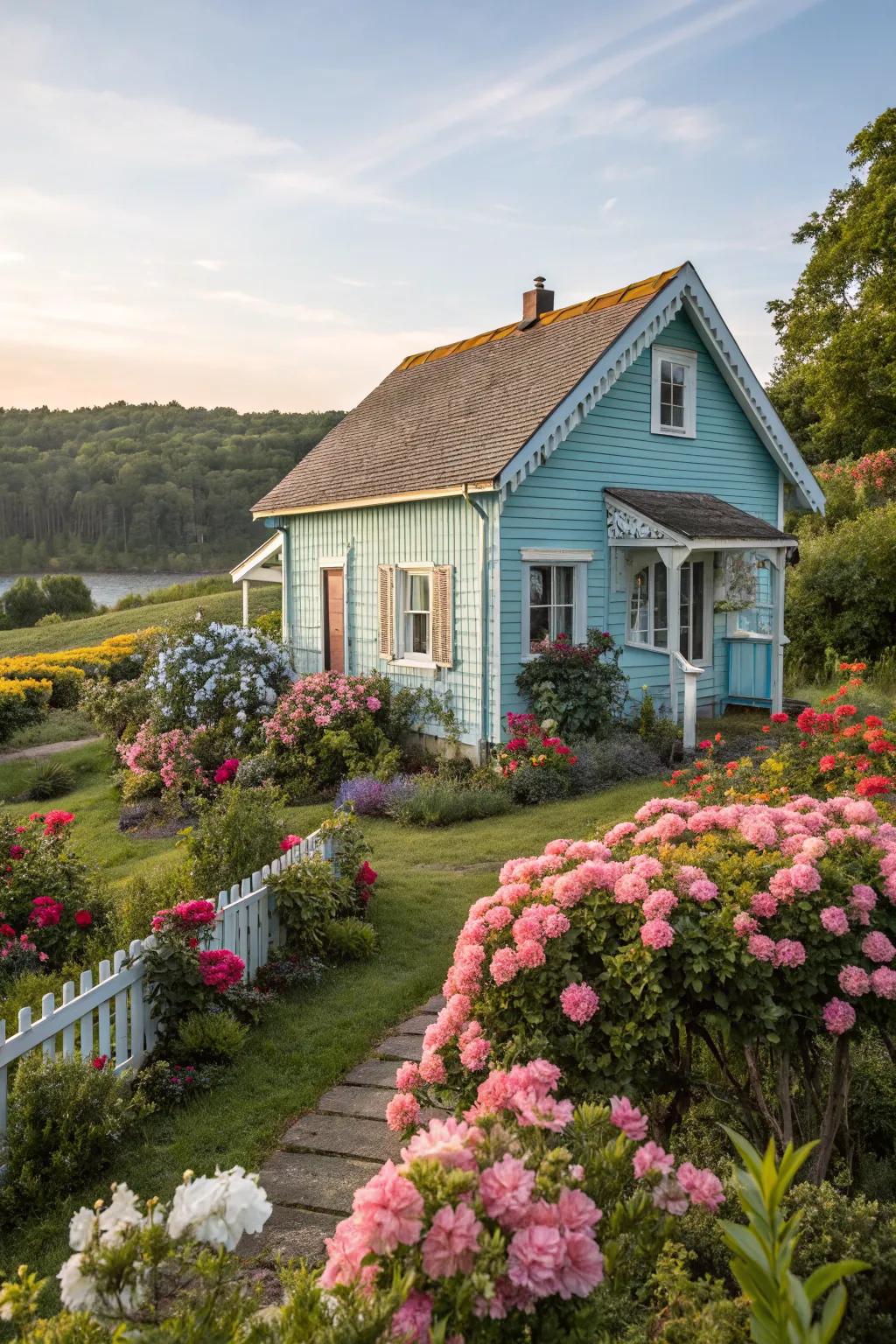 A whimsical cottage adorned with pastel blue for a playful touch.