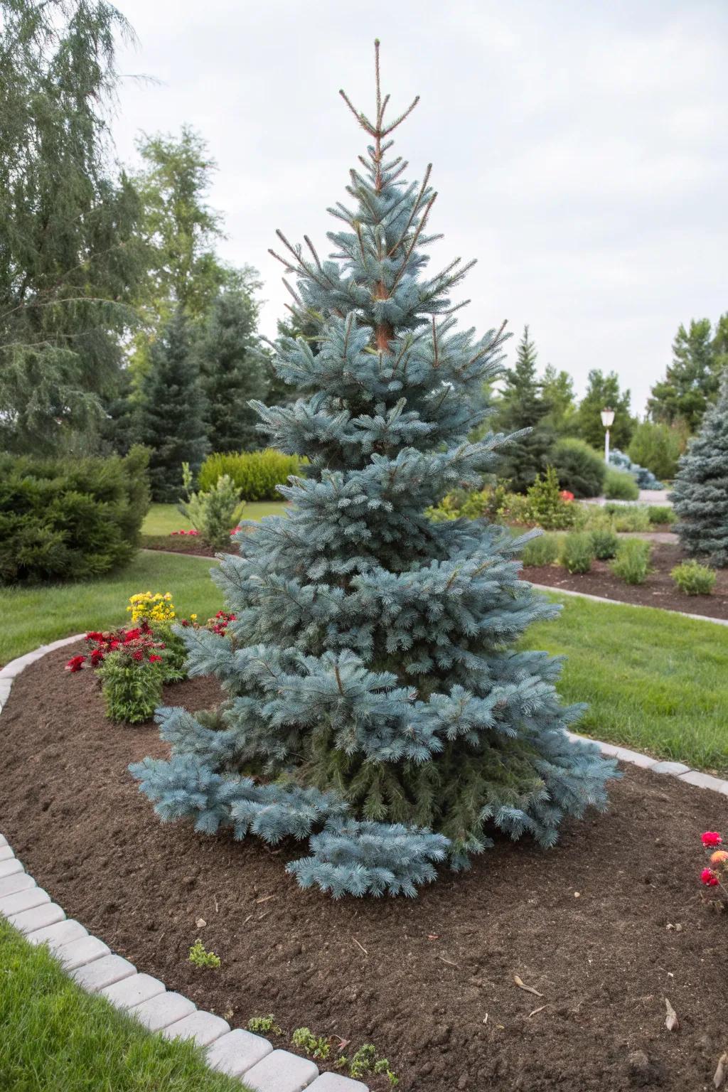 Mulched beds provide definition and care to blue spruce plantings.