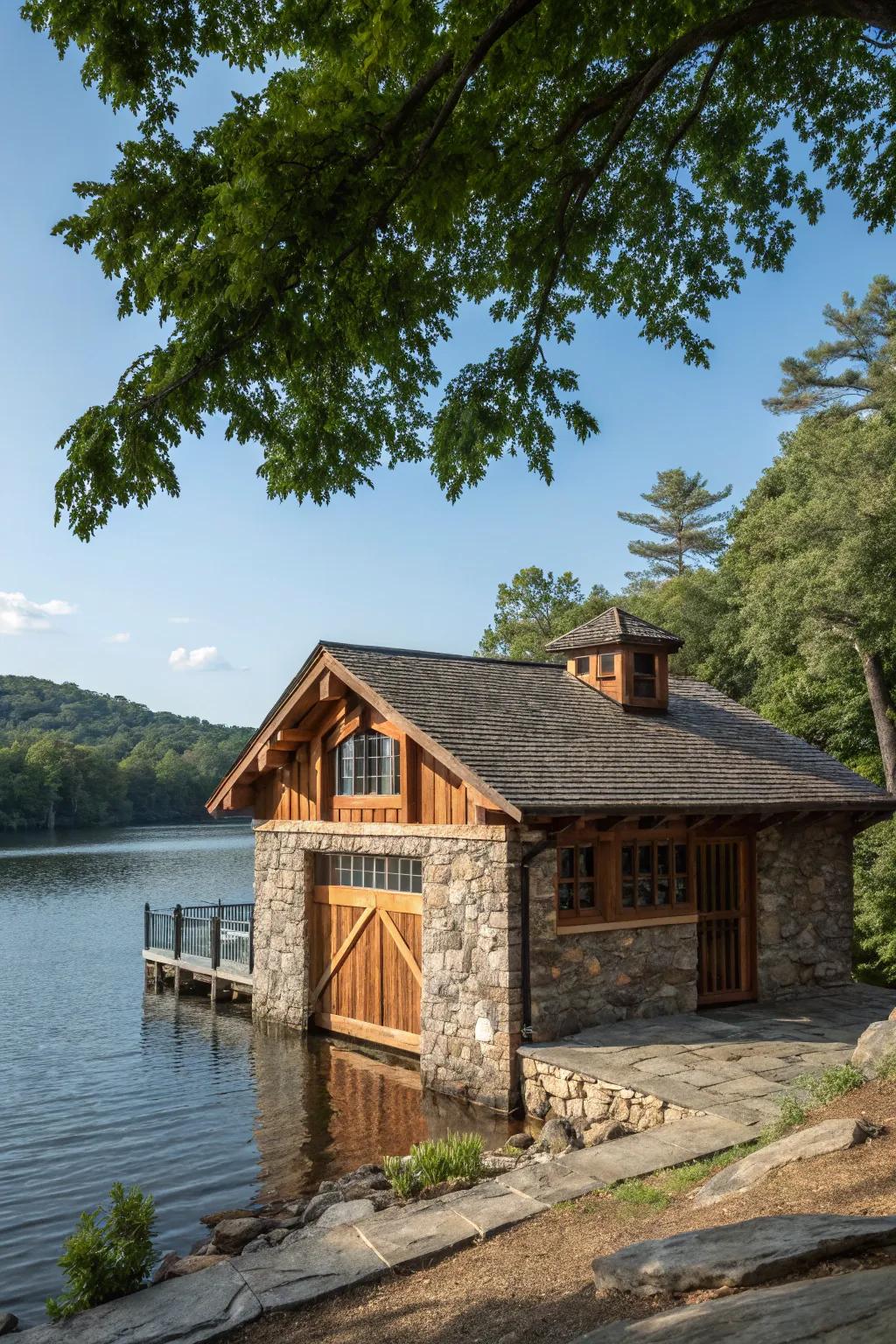 A boat house designed with natural wood and stone, merging with its surroundings.