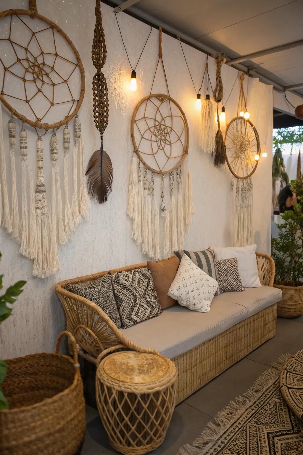 Boho accents like macramé add texture and style.