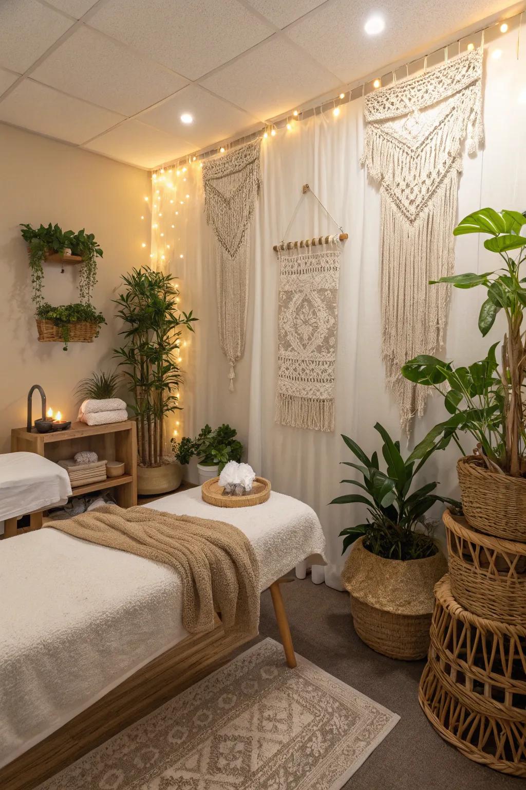 Macramé decor adds an artistic touch to a boho spa.