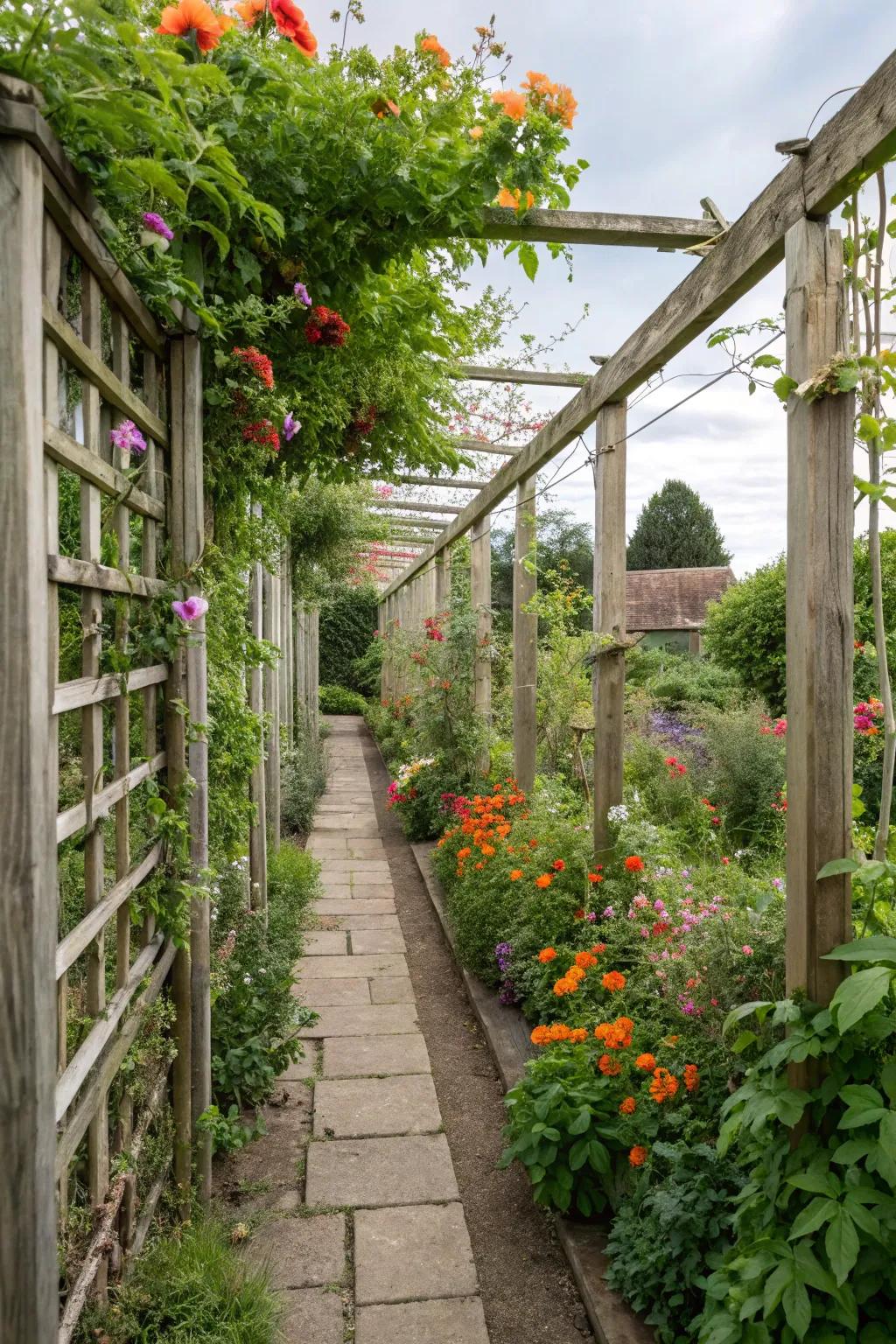 Trellises introduce vertical interest to the garden bed.